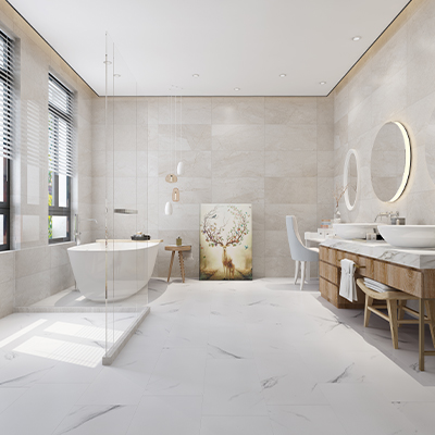 bathroom with white tile flooring